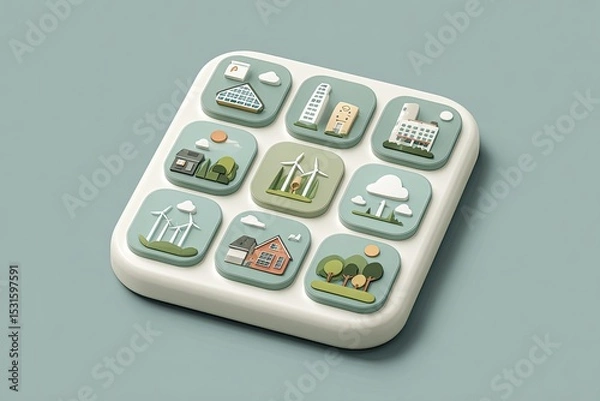 Fototapeta Square interface with 9 stylized, 3D icons depicting various environmental elements, including buildings, renewable energy, and nature.  