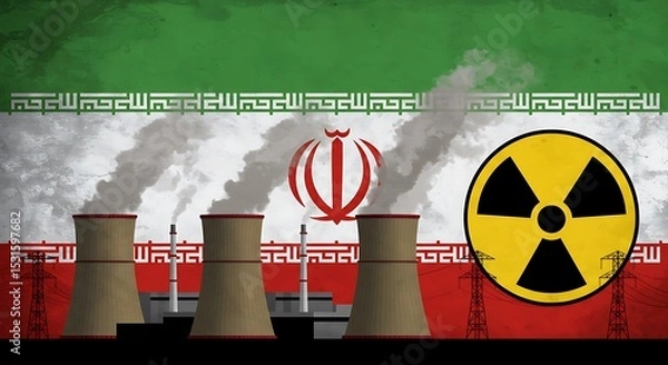 Fototapeta Iran nuclear program concept illustration with reactor and radiation symbol on iranian flag background