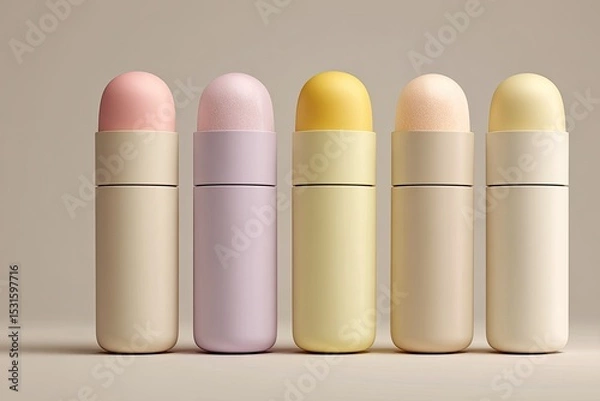 Fototapeta Five pastel-colored cylindrical containers, likely for personal care products, are displayed in a row against a neutral backdrop.  Each container features a rounded top and a smooth, minimalist design