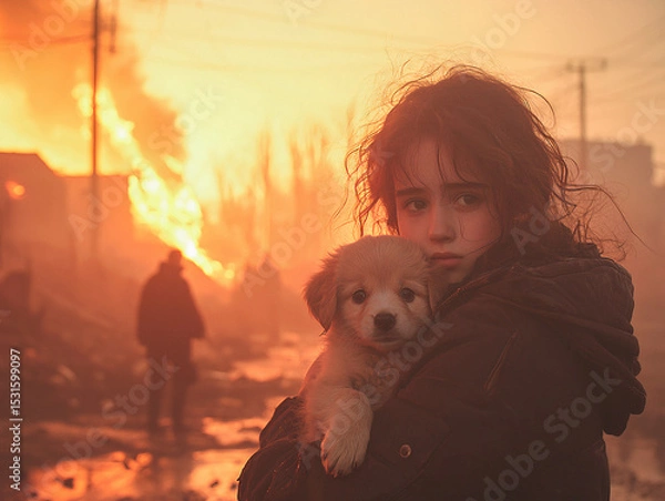 Fototapeta A small puppy in the arms of its owner. The girl carried it out of the fire. Against the background of the fire. Concept - natural disasters.