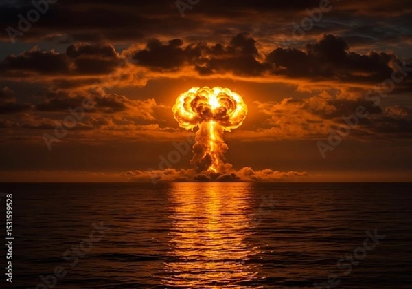 Fototapeta Nuclear explosion over ocean waves atomic bomb detonation mushroom cloud war disaster danger radiation fallout test