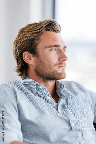 Fototapeta portrait of relaxed accountant with focused expression positioned on left side of frame