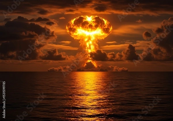 Fototapeta Nuclear explosion mushroom cloud over ocean water during sunset atomic bomb test radiation danger fallout effect