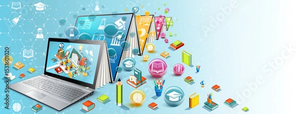 Fototapeta Open laptop transforming into screens with academic symbols. Futuristic online learning concept. Digital education tools and back to school theme. Design for banner, poster, wallpaper, header.
