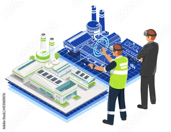Fototapeta Engineers using virtual reality to interact with a digital twin model of a modern smart factory for industrial monitoring and simulation purposes