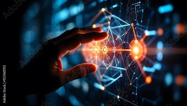 Obraz Exploring the Digital Landscape A Hand Interacting with Complex Network Data