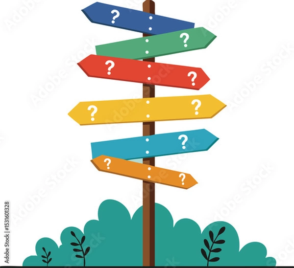 Fototapeta Colorful directional signpost with question marks on multiple arrows pointing different ways in vector illustration 