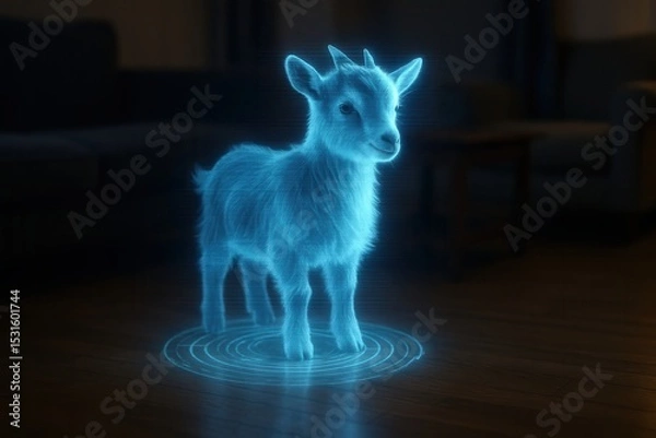 Fototapeta Holographic projection of a goat standing in a living room