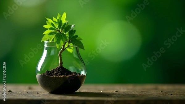 Obraz Growing plant in a glass vase on wooden surface surrounded by soft green background and natural light