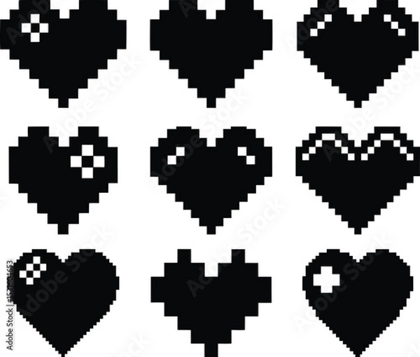 Obraz Pixel-style heart vector set - 9 love silhouettes, EPS JPEG PNG