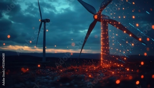 Fototapeta Closeup of a wind turbine with glowing data points, futuristic look, dark sky