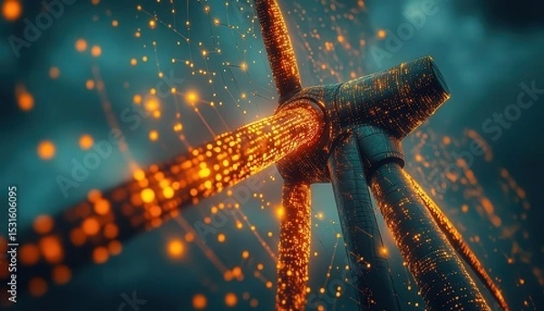 Fototapeta Closeup of a wind turbine with glowing data points, futuristic look, dark sky