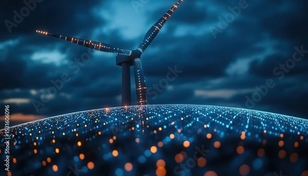 Fototapeta Closeup of a wind turbine with glowing data points, futuristic look, dark sky