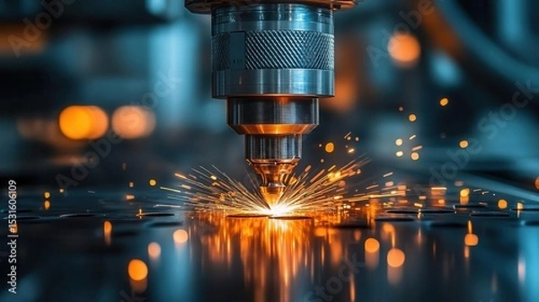 Fototapeta Closeup of automated welding machinery, dark background, intense lighting, high detail