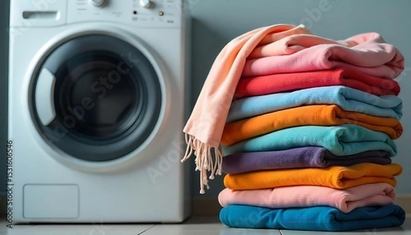 Fototapeta Dirty laundry clothes stacked, piled up next to the washing machine, colorful laundry clothes waiting to wash, created with generative ai