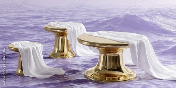 Obraz Three gold pedestal display stands draped with white fabric, set against a purple water background