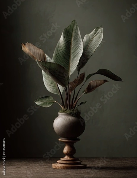 Obraz Elegant plant in a muted gray pot on a wooden stand