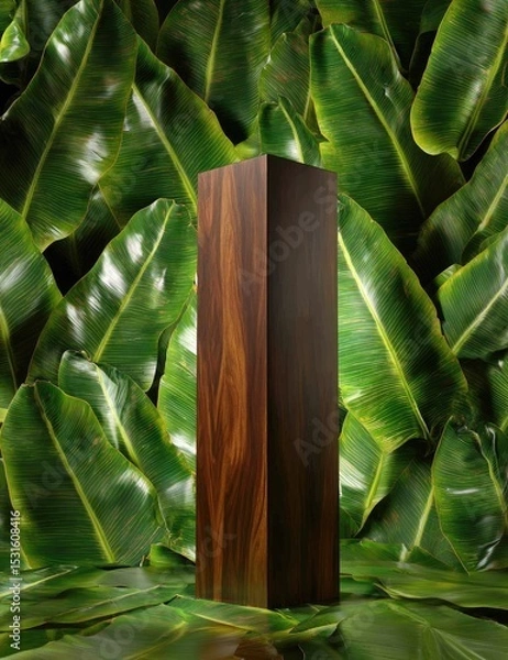 Obraz Dark wood block amidst lush green leaves