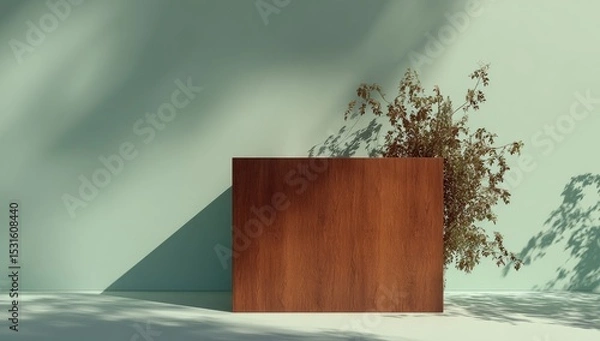 Obraz Minimalist wooden cube display with foliage
