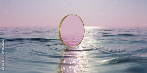 Obraz Golden ring floats on rippled water surface. Pink circle, tranquil scene