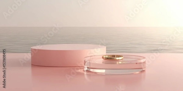 Obraz Pink podiums with a golden ring on a light background