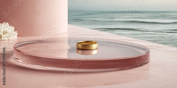 Obraz A gold ring sits on a clear, round,  display tray against a blush-pink backdrop, overlooking the ocean