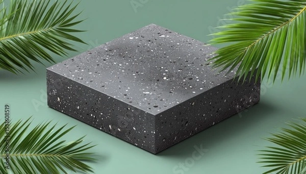 Obraz Gray speckled cube podium, surrounded by palm fronds on a mint backdrop
