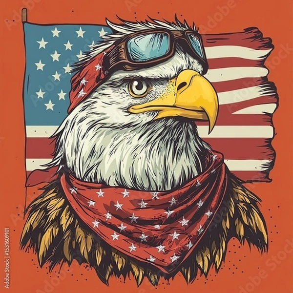 Obraz A cartoon depicts a bald eagle wearing a bandana and mullet, while the American flag is shown waving in the background.
