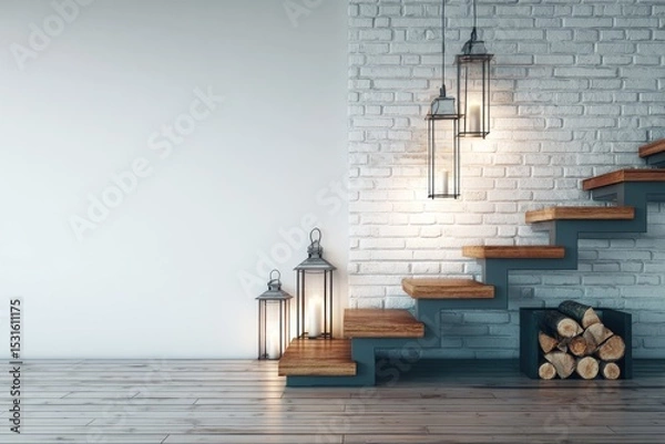 Fototapeta Wooden staircase with lanterns in a light-filled room