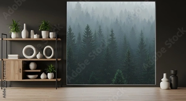 Fototapeta Minimalist Interior with Wooden Shelves and Misty Forest View Through Open Wall