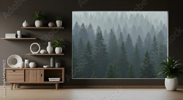 Fototapeta Minimalist Interior with Wooden Shelves and Misty Forest View Through Open Wall