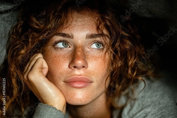 Fototapeta A woman in bed, experiencing sleep difficulty on a hot summer night. She appears restless and uncomfortable in a dimly lit bedroom.
