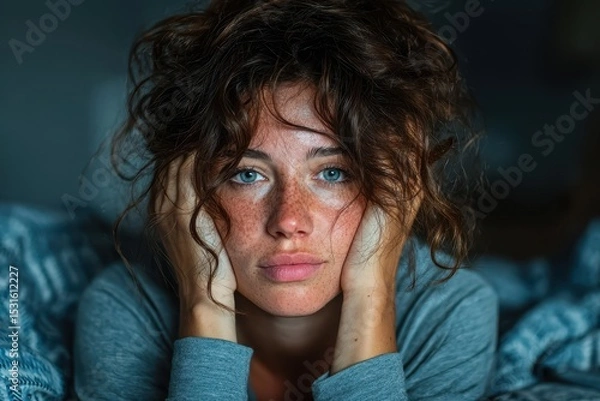 Fototapeta A woman struggling to sleep on a pink couch in a hot summer night. She appears restless and uncomfortable under a light blue blanket.