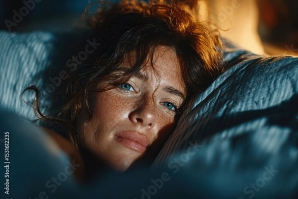 Fototapeta A woman with tousled hair and eyes wide open lies in bed, struggling to sleep, surrounded by moonlight filtering through the window on a summer night.