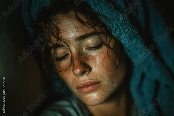 Fototapeta An image of a woman experiencing a migraine in a darkened room. Woman is holding her head in pain, with dim lighting creating a somber atmosphere.