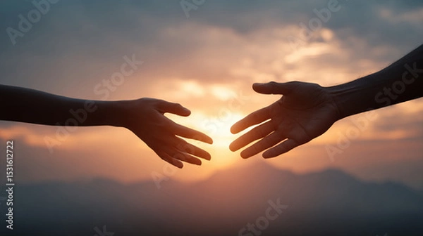 Fototapeta Silhouette God hands reaching out to help another hand in background of mountains and sunset