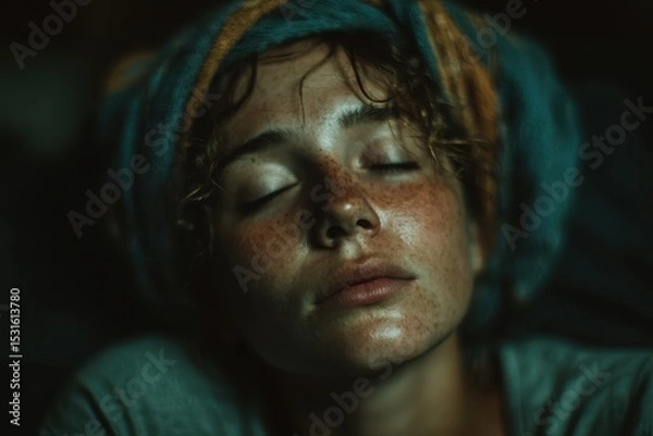 Fototapeta A woman with a migraine lying down in a dimly lit room. She appears to be experiencing discomfort and seeking relief.