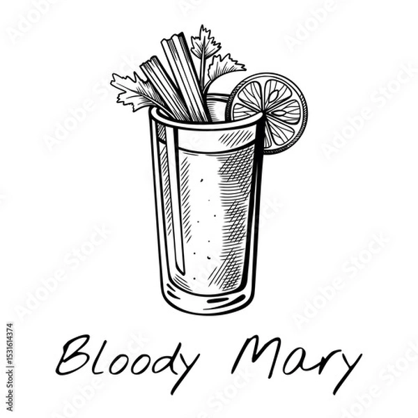 Fototapeta Hand-drawn vector illustration of Bloody Mary cocktail with celery and ice in tall glass. Retro bar sketch perfect for brunch menu, spicy drinks, or alcohol design.