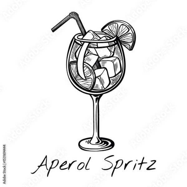 Fototapeta Hand-drawn vector of Aperol Spritz cocktail with orange slice and bubbles in wine glass. Retro summer drink sketch ideal for bar menu, aperitif visuals, or blog posts.