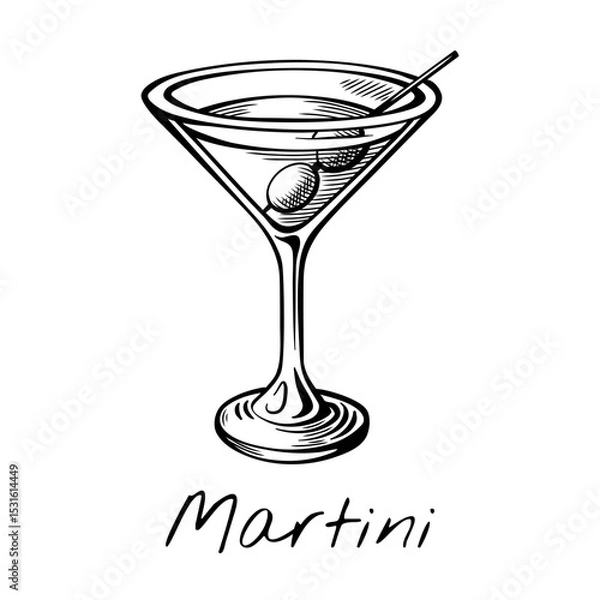Fototapeta Hand-drawn vector illustration of Martini cocktail with olive in a classic glass. Retro bar sketch perfect for elegant menu design, nightlife content, or mixology visuals.