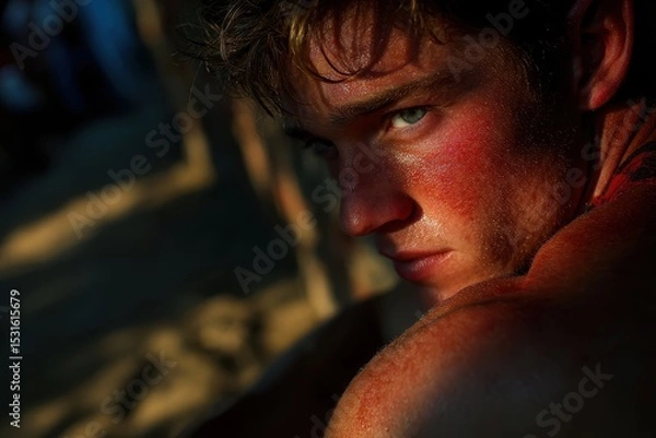 Fototapeta A young man with sunburn on his shoulders standing outdoors. No other elements visible in the background.