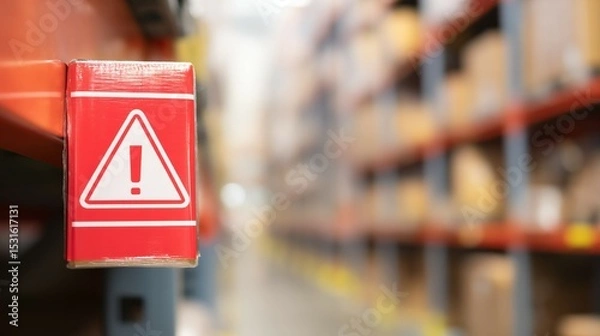Fototapeta Red warning label on packaged product with bold text, symbolizing safety alert and consumer protection, product recall,product hazard caution sign for commercial goods