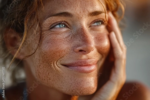 Fototapeta A woman applying sunscreen on a sandy beach under the bright sun. Blue sky and ocean waves in the background.