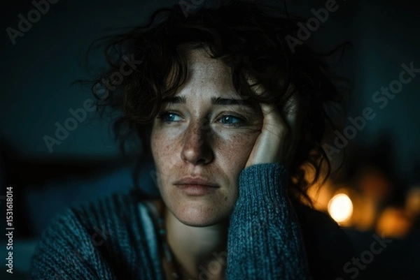 Fototapeta A woman, tossing and turning in bed under a thin sheet, appears restless as she struggles to sleep in the oppressive heat of a summer night.