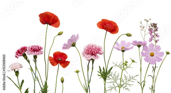 Obraz A vibrant symphony of poppies cosmos and carnations blooming in harmony a floral tapestry on transparent background