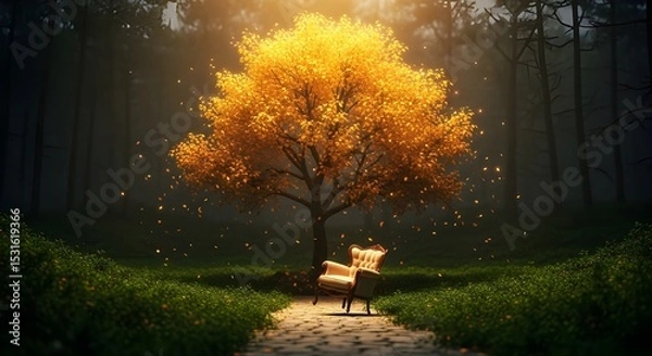 Fototapeta Stylized Golden Tree with Floating Vintage Armchair and Winding Path in Moody Forest

