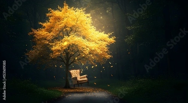 Fototapeta Stylized Golden Tree with Floating Vintage Armchair and Winding Path in Moody Forest

