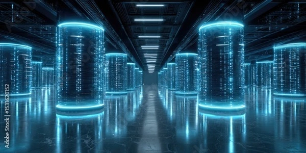Obraz Futuristic server room with glowing cylindrical data storage units
