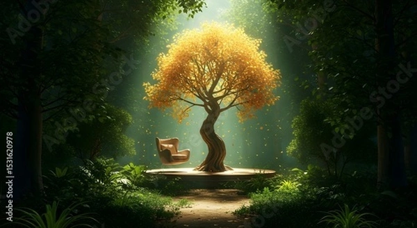 Fototapeta Golden-Leaved Tree on Platform with Floating Armchair in Enchanted Forest Path