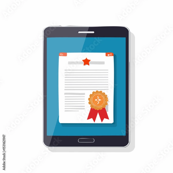 Fototapeta Tablet displaying a certificate with a red star and seal, indicating achievement or validation.